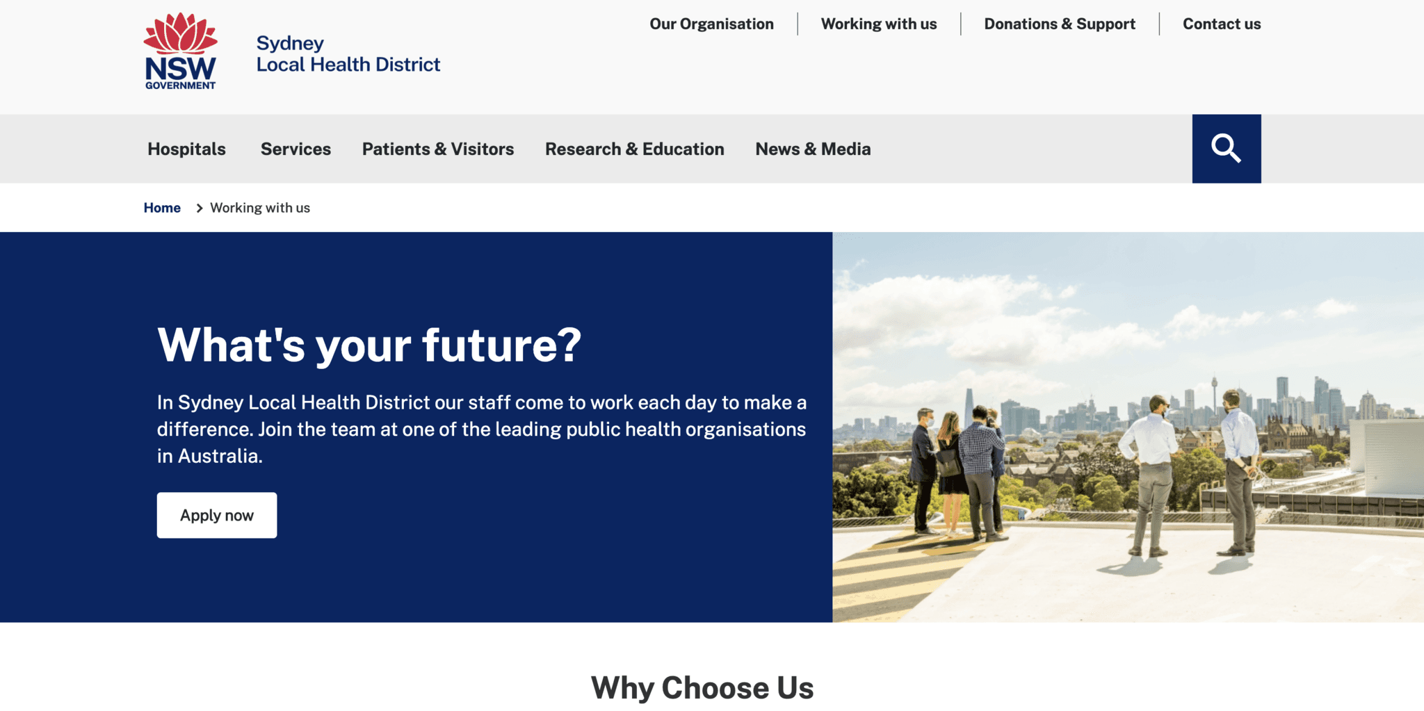 The redesigned Sydney Local Health District careers landing page, with the headline “What’s your future?” and an Apply now button