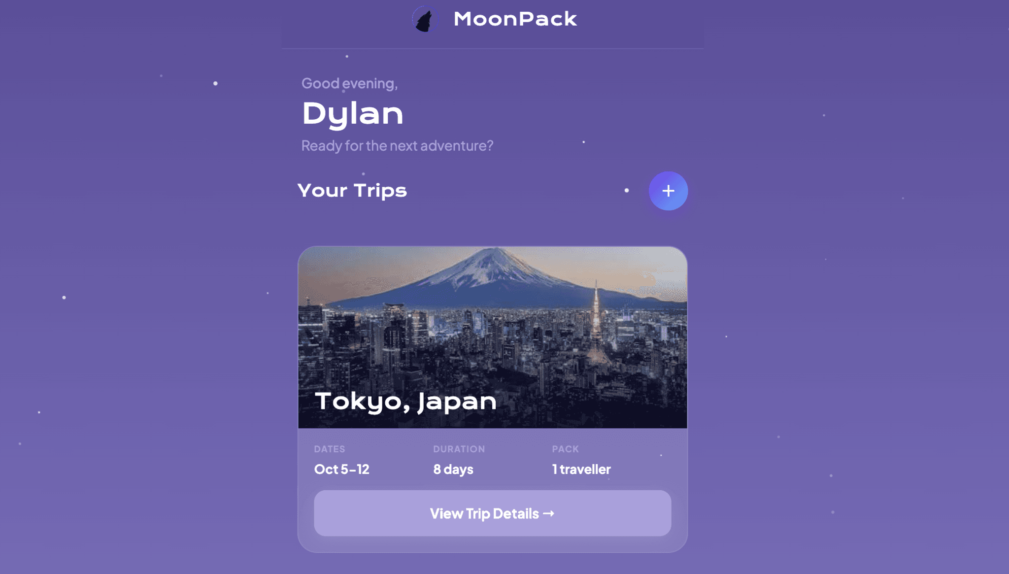 The MoonPack web app home screen, greeting the user and showing an upcoming trip to Tokyo, Japan